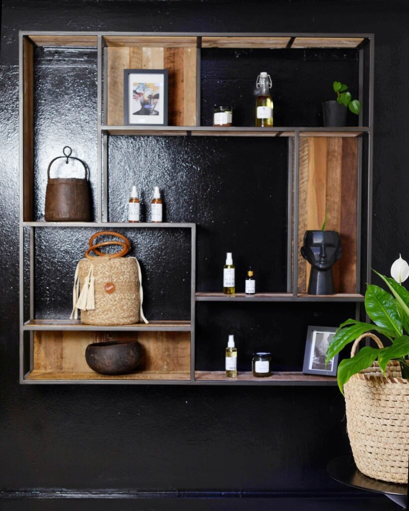Black and wood shelving unit (illustrative stock image)