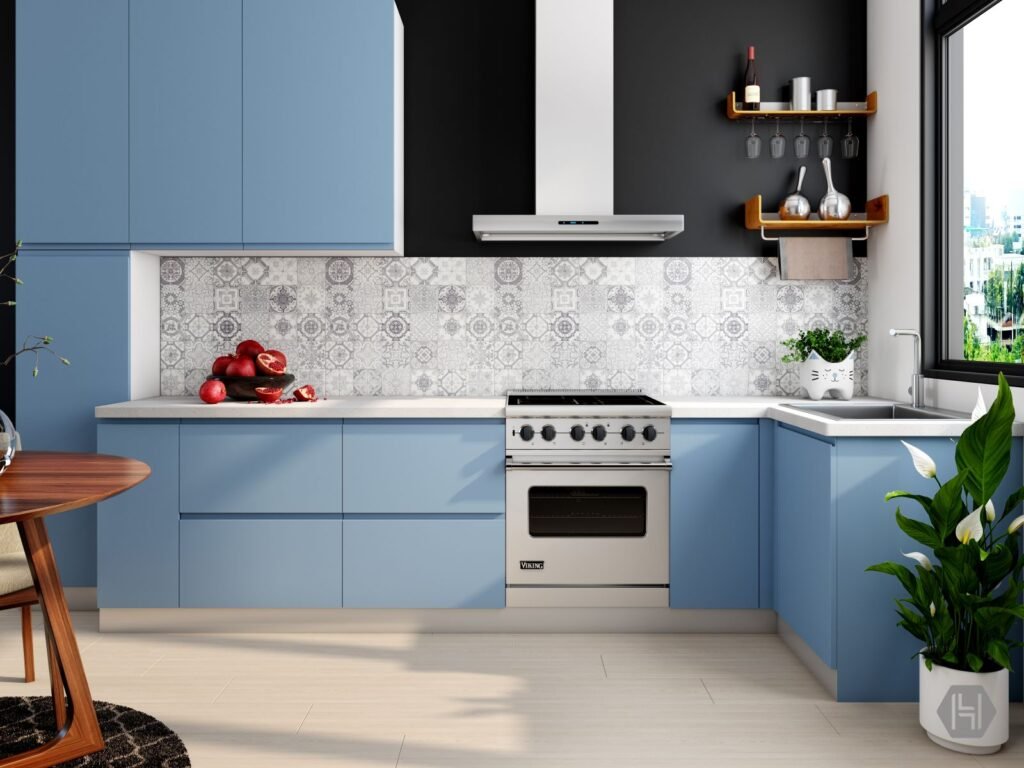 Blue kitchen cabinets with a patterned backsplash, hob and chimney (illustrative stock image)