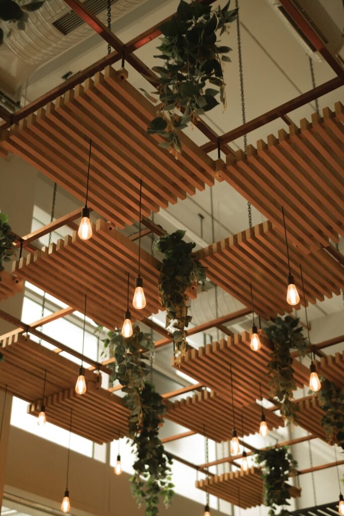Decorative wooden ceiling elements with hanging lights (illustrative stock image)