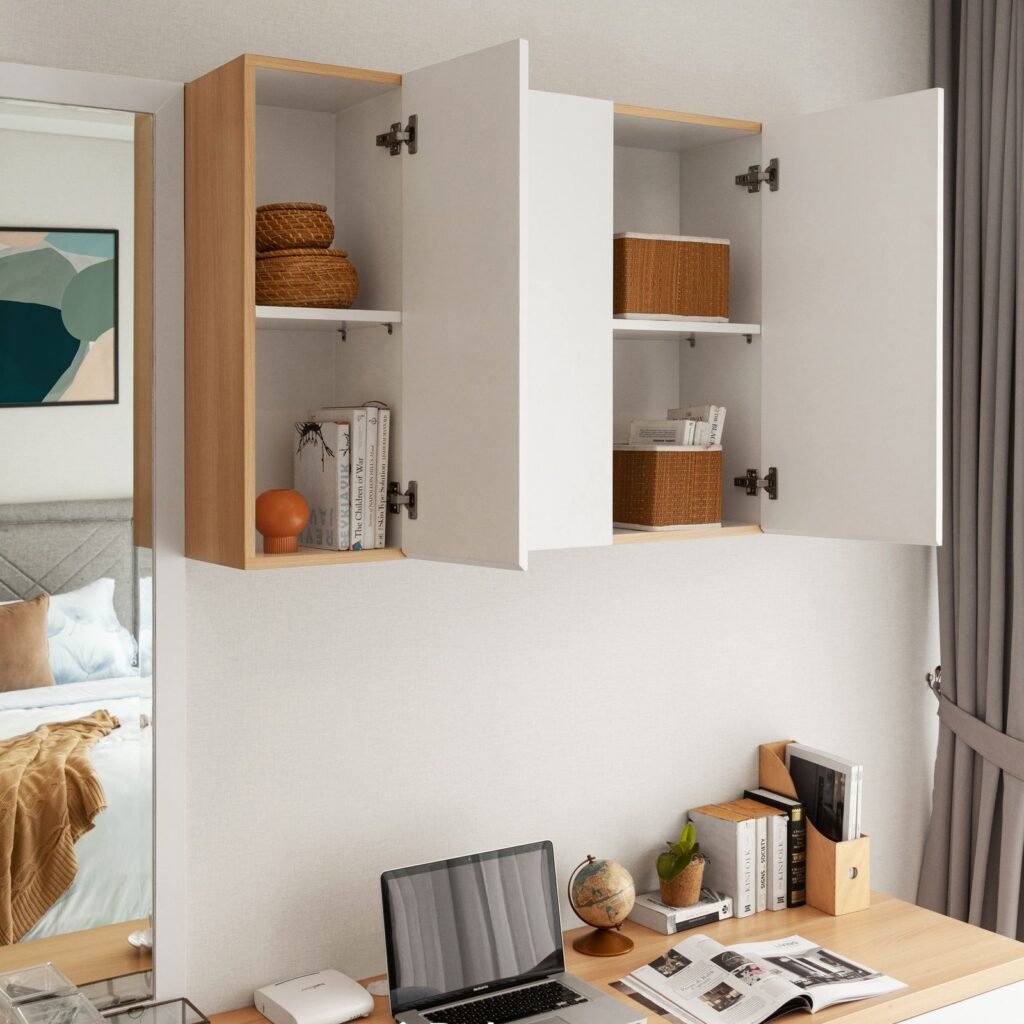 Desk with wall-mounted shelves (illustrative stock image)