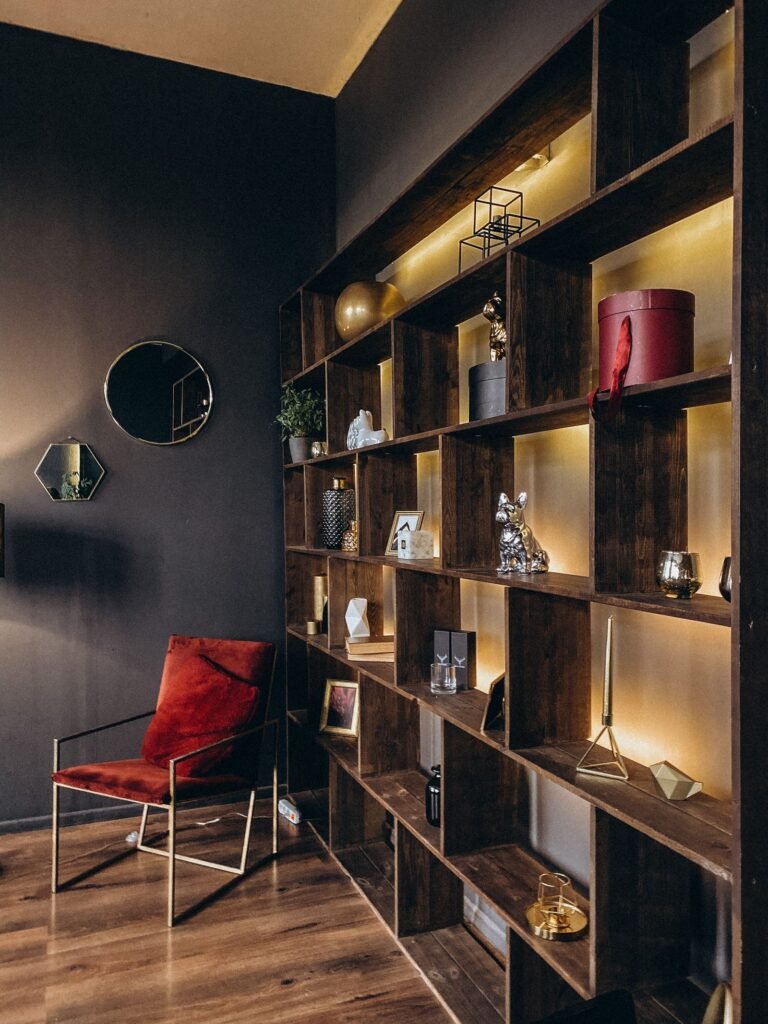 Illuminated wooden shelving (illustrative stock image)