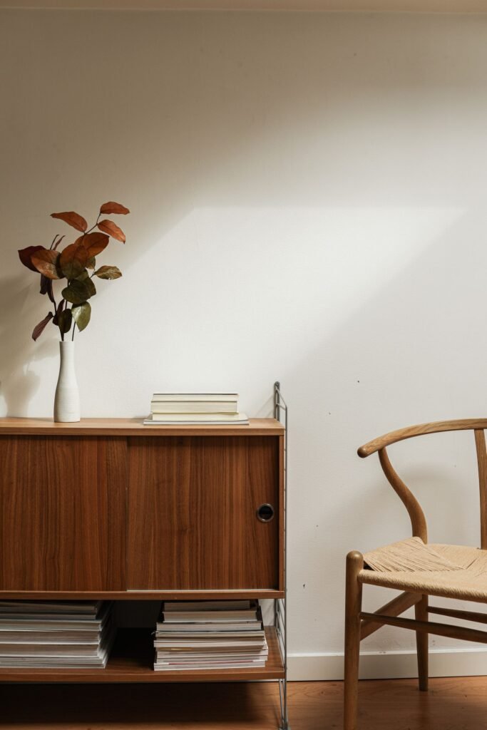 Wooden sideboard in a minimalist room (illustrative stock image)