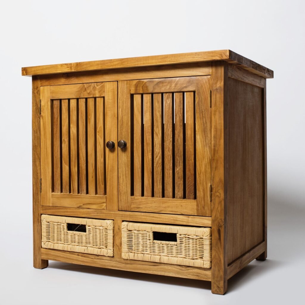 Cabinet with slatted doors and wicker drawers (illustrative stock image)