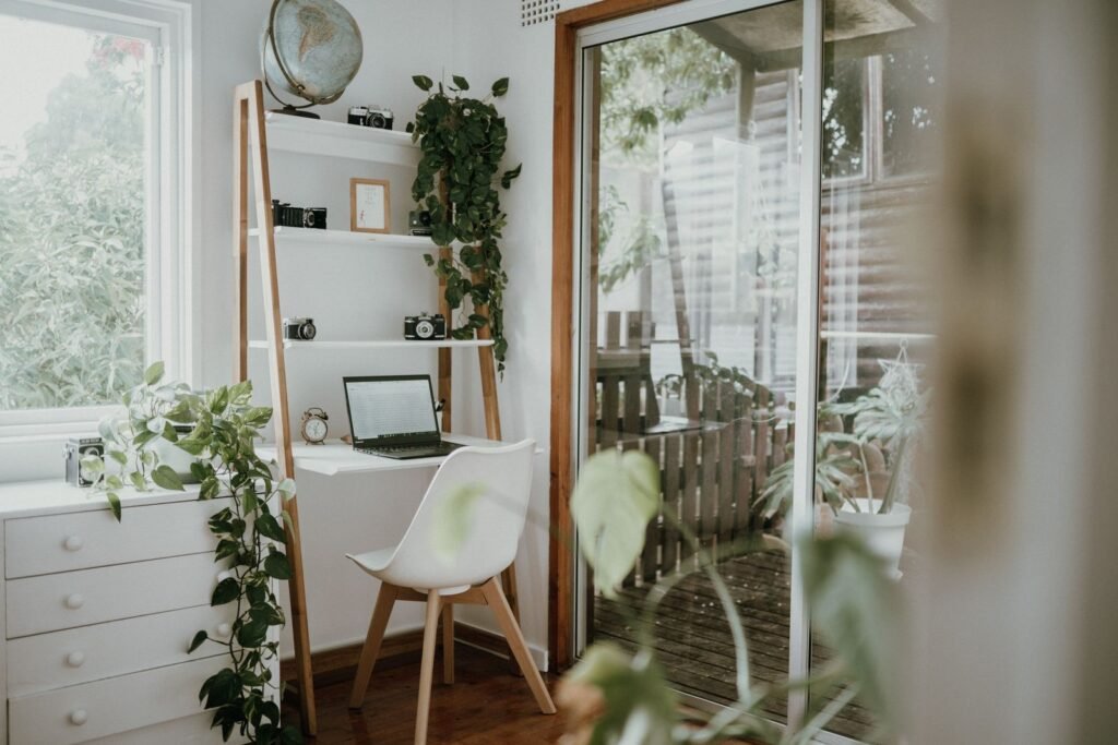 Study corner with wooden shelves (illustrative stock image)