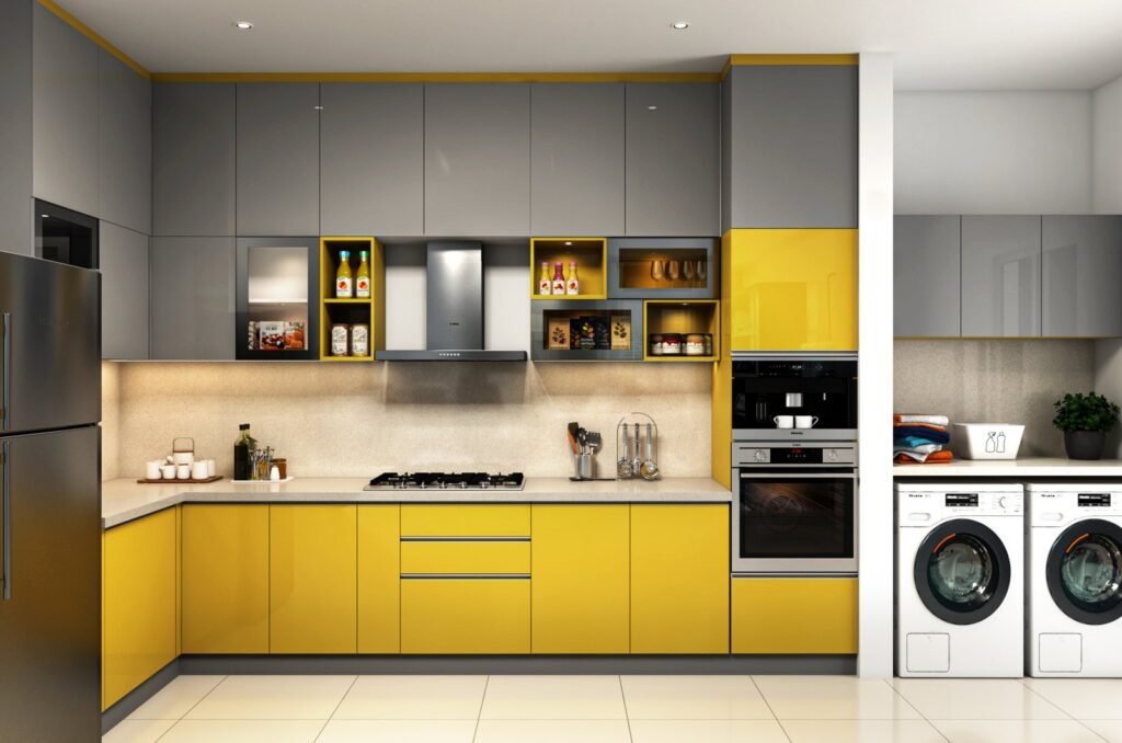 Kitchen with yellow base cabinets, grey wall units and a tall appliance unit (illustrative stock image)