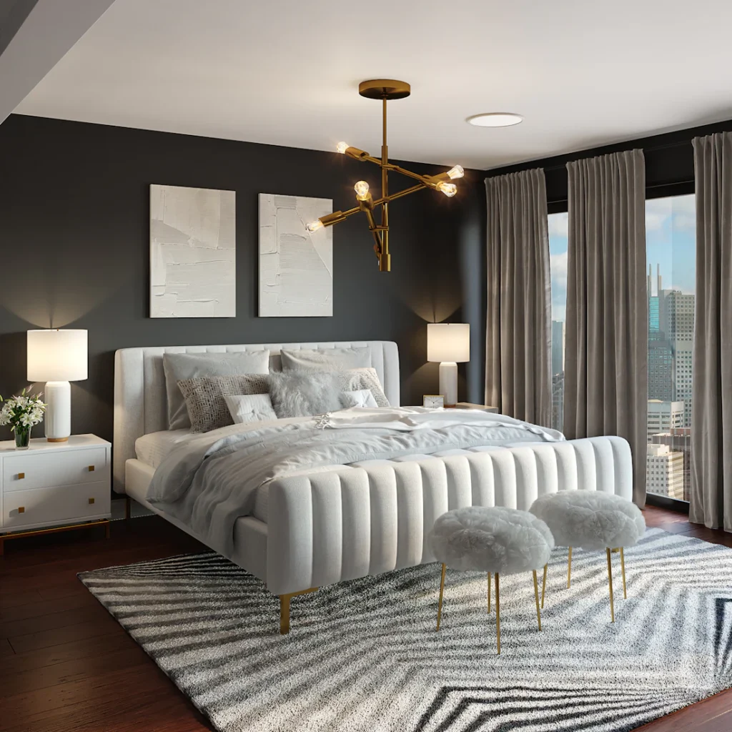 Contemporary bedroom with upholstered bed and pendant light (illustrative image)