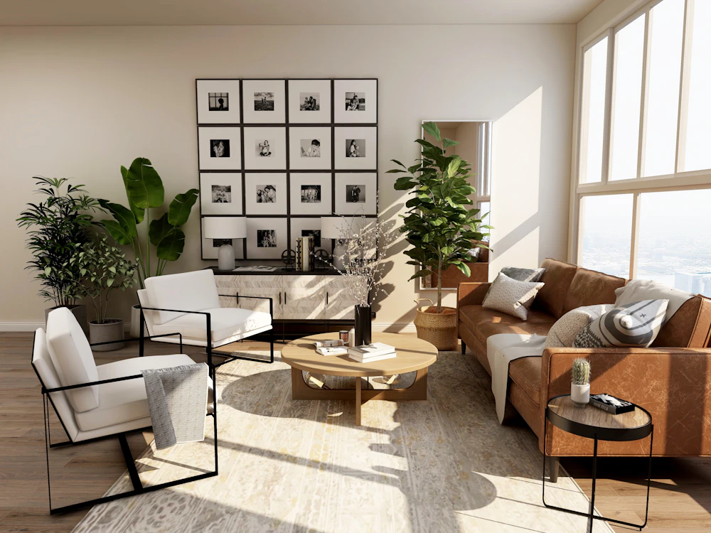 Sunlit living room with armchairs and indoor plants (illustrative image)
