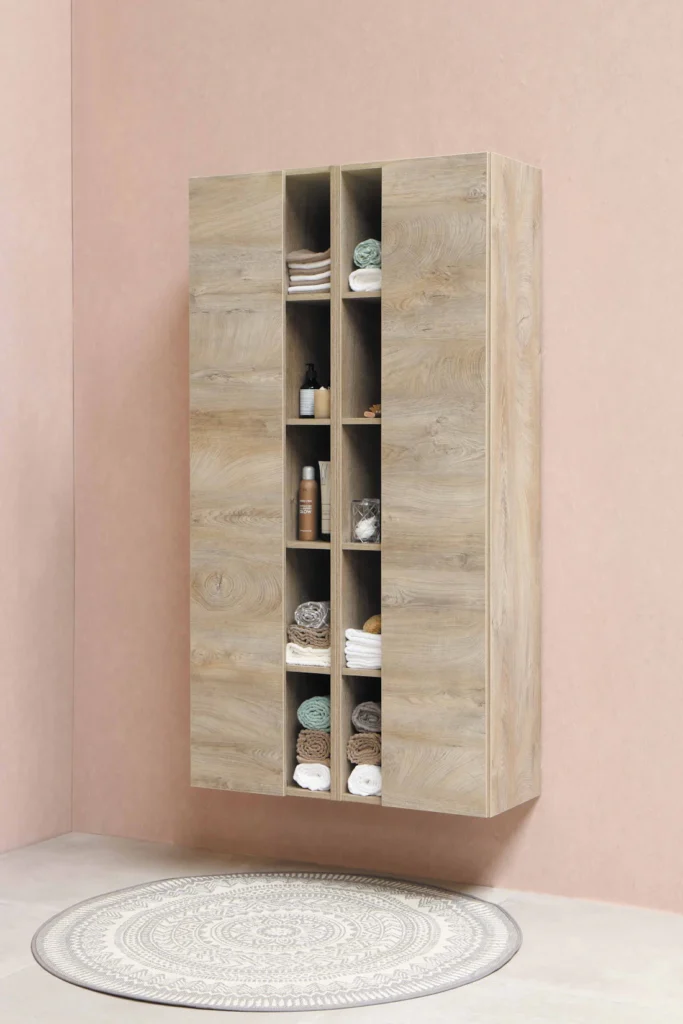 Tall modular shelving unit in light wood (illustrative image)